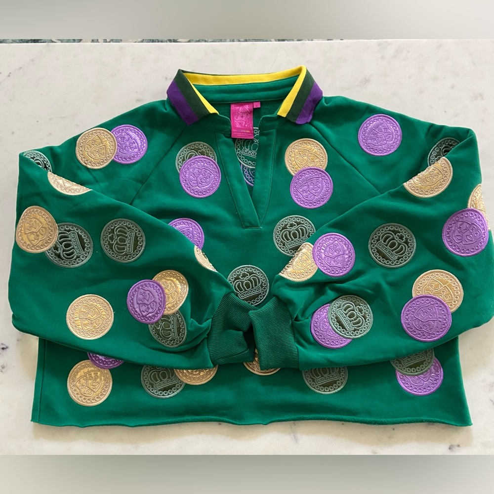 QUEEN OF SPARKLES women’s Mardi Gras  Sweatshirt with Purple and Gold doubloons